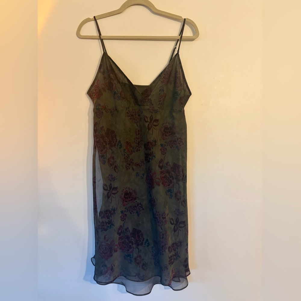 Y2K Sheer Floral Slip Dress - Olive Green with Burgundy Roses Vintage Flowy